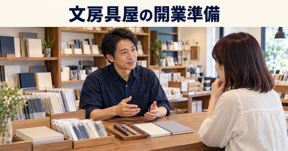 文房具店の店主と成人客が商品選びについて話すイメージ