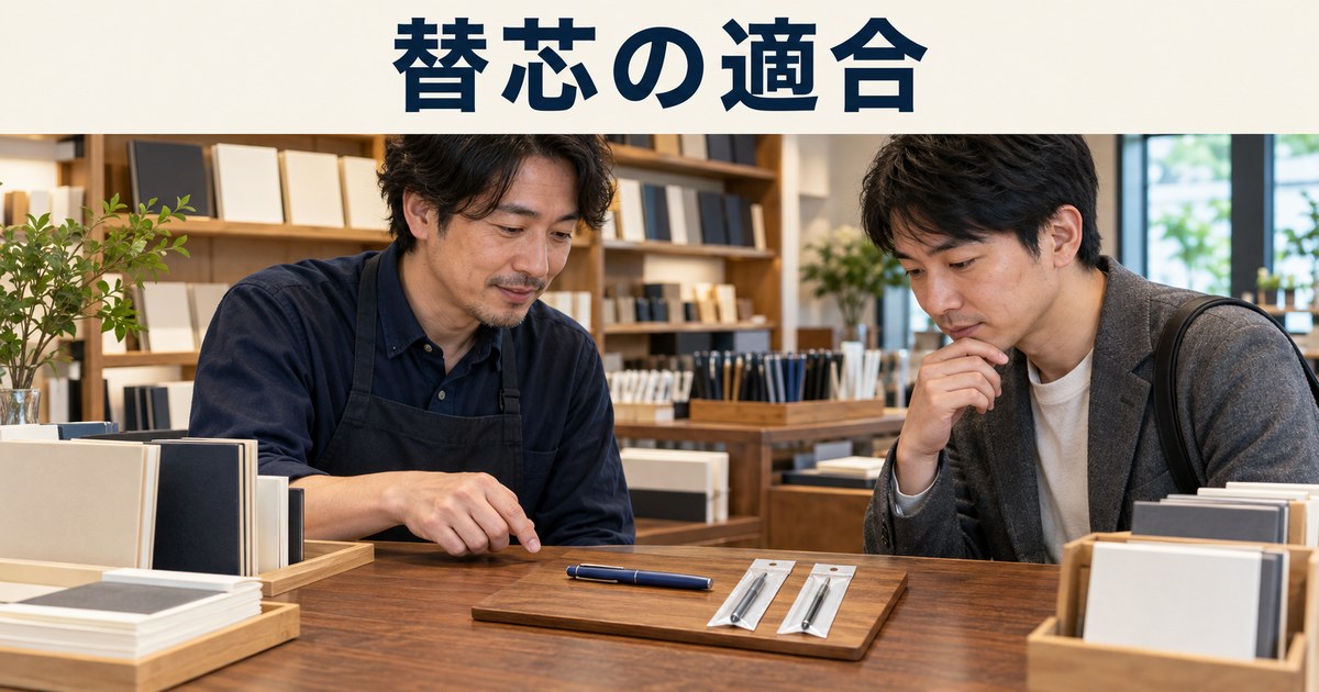 店主と成人客が筆記具と包装された替芯を確認するイメージ