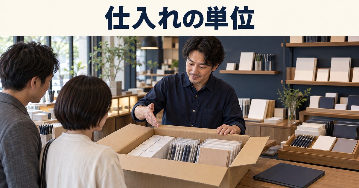 届いた文房具と仕入れ記録を確認するイメージ