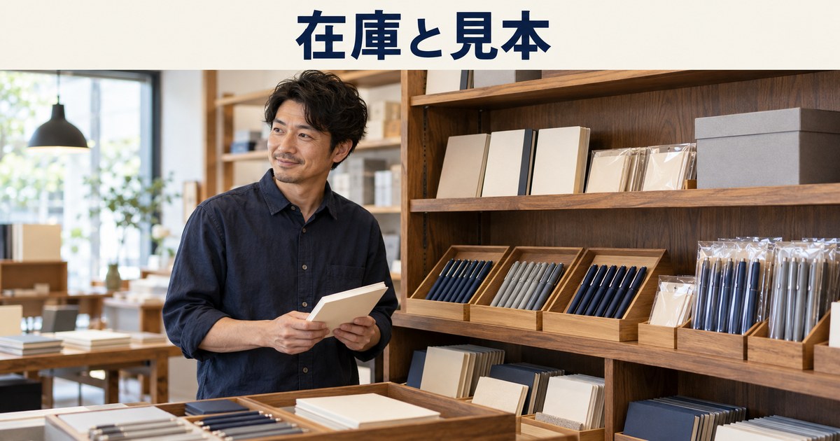 店主が文房具の置き場を分けて確認するイメージ
