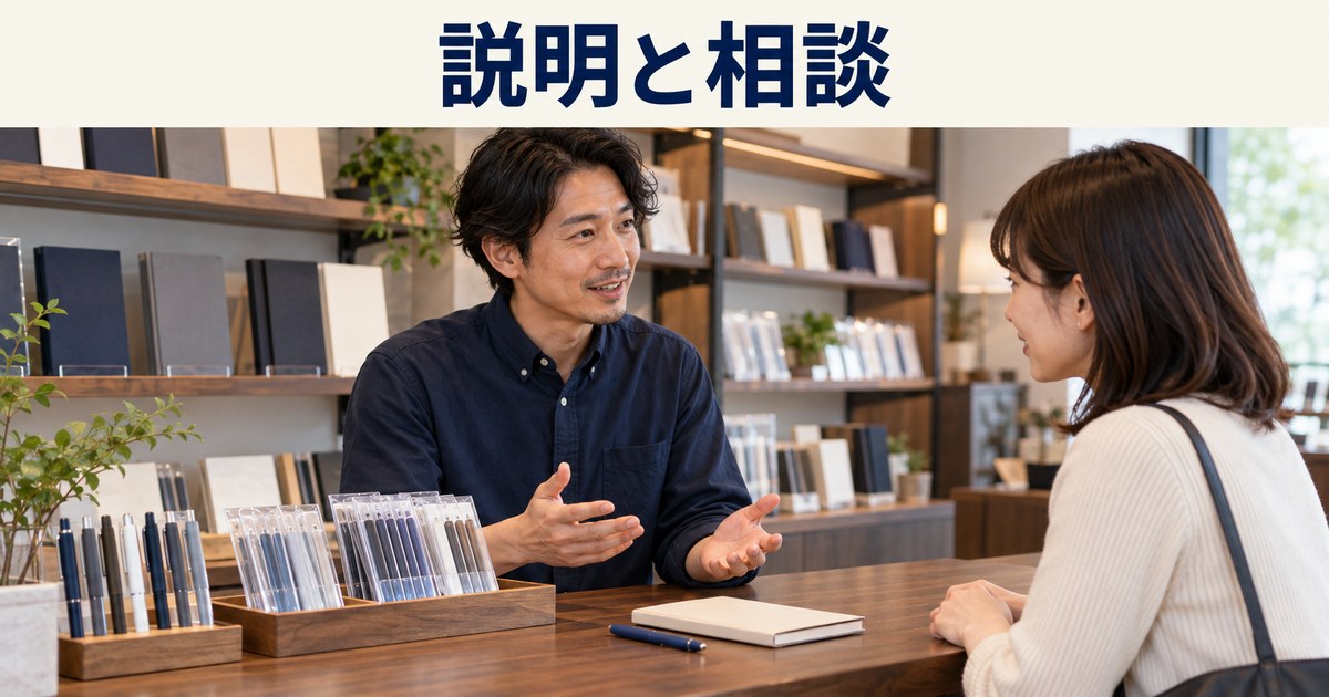 店主と成人客が購入した文房具について相談するイメージ