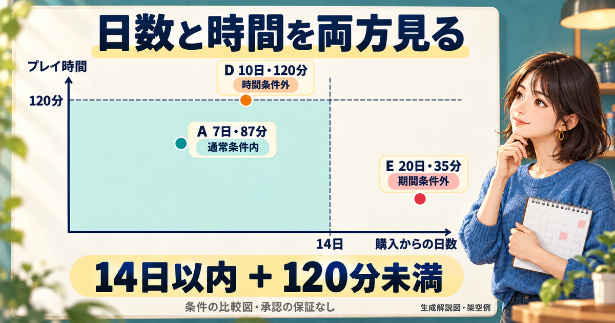 購入からの日数とプレイ時間を二軸で比べる架空例A・D・Eの図