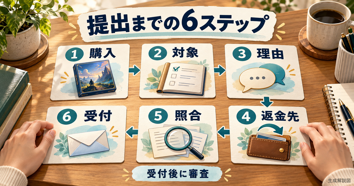 対象購入から理由・返金先・提出前照合・受付までを並べた解説図