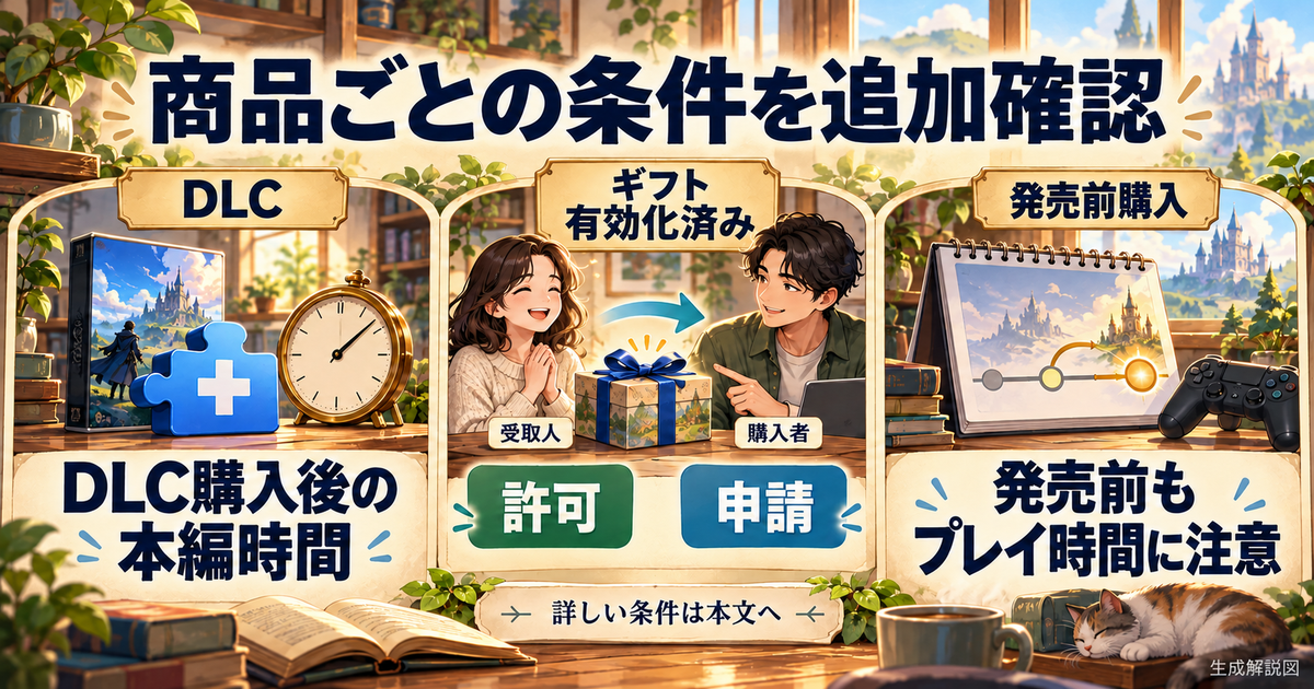 DLCの購入後時間、ギフトの当事者、発売前購入の条件を整理する図