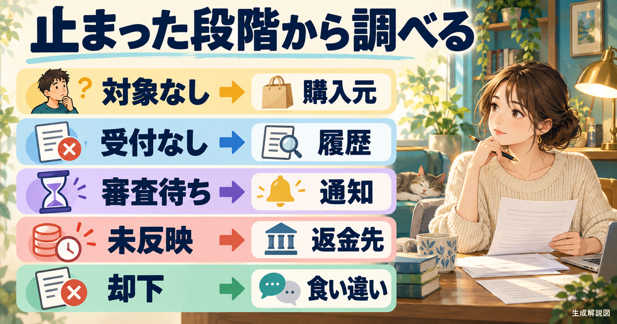 返金が進まない五つの状態と次に確認する記録を示した解説図