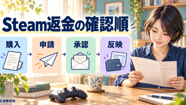 Steam返金の購入確認から申請・承認・反映までの四段階を表した解説図