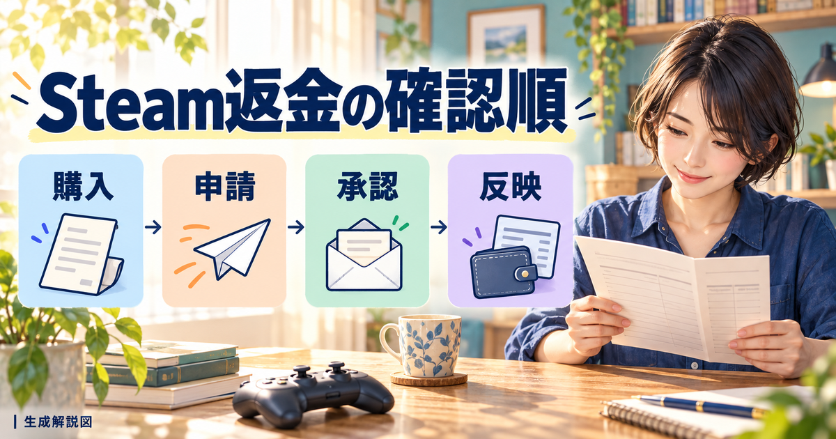 Steam返金の購入確認から申請・承認・反映までの四段階を表した解説図