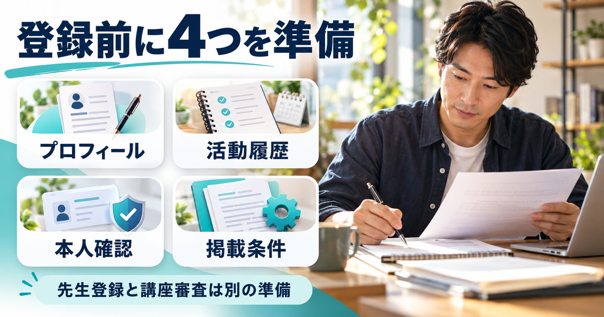 講師登録前にプロフィール、活動履歴、本人確認、掲載条件を点検する図