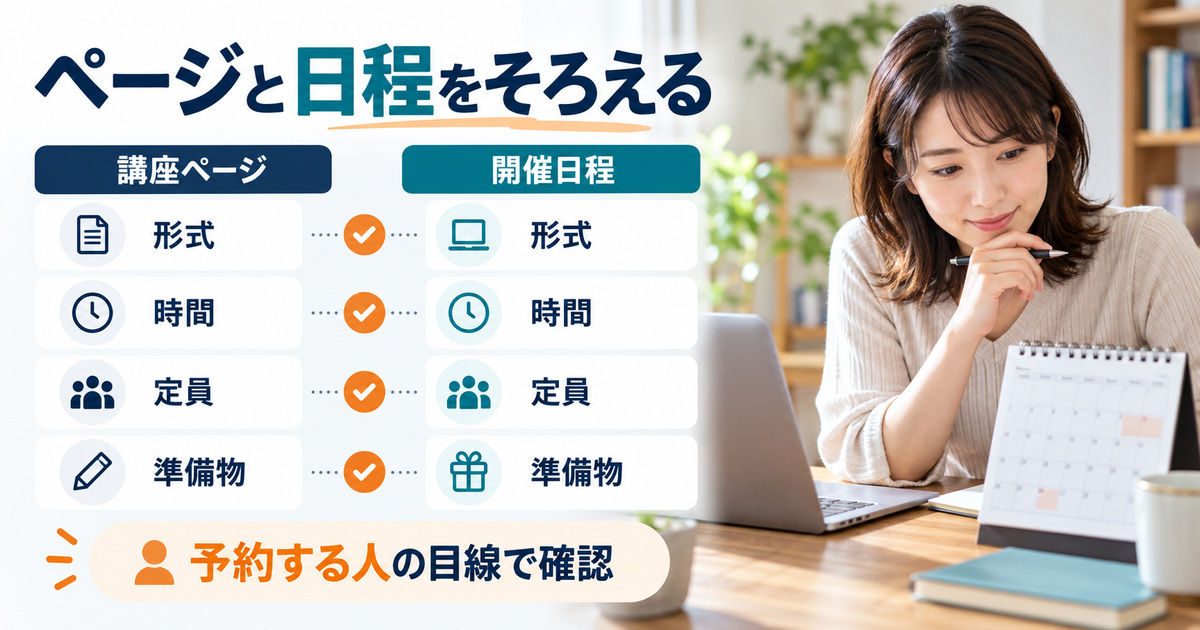 講座ページと開催日程の形式、時間、定員、準備物を照合する図
