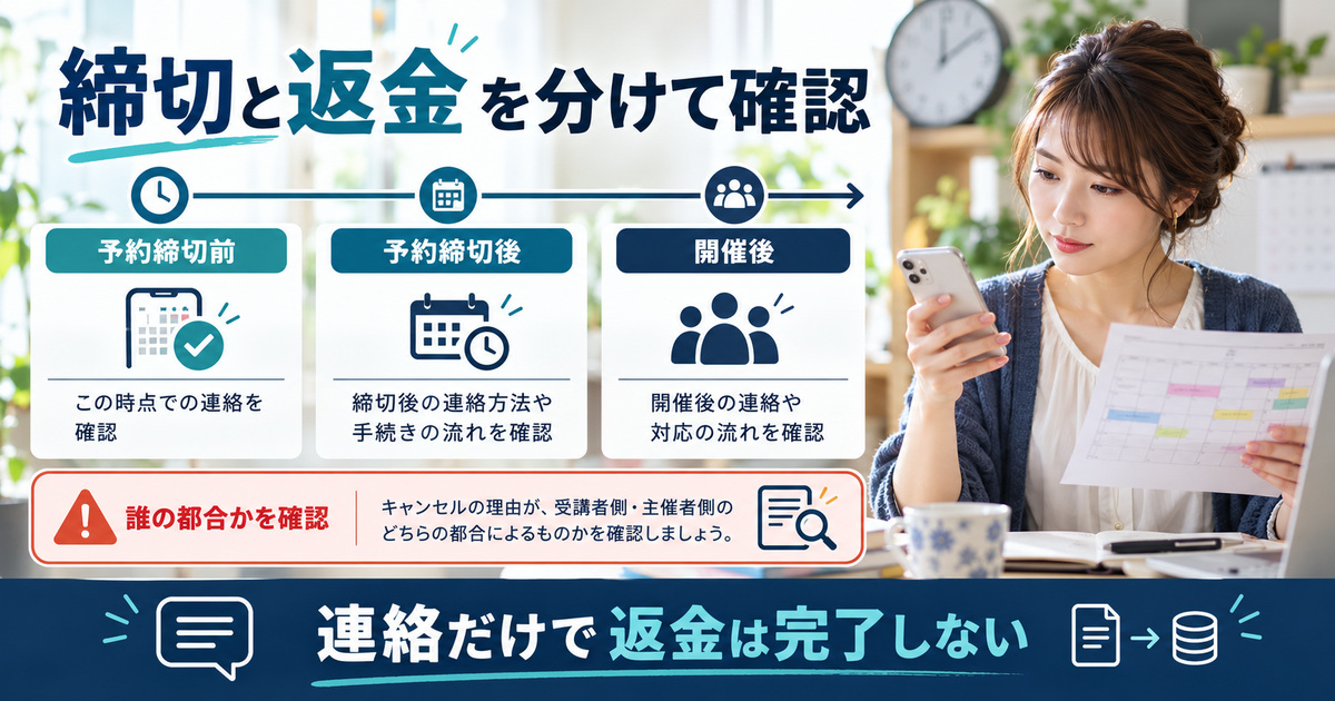 予約締切前、締切後、講師都合を分けてキャンセル対応を確認する図