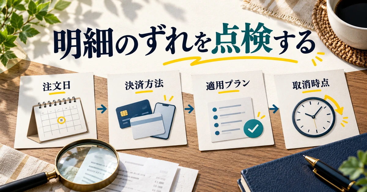 注文日、決済方法、適用プラン、取消時点の四つを順番に照合して手数料のずれを調べる