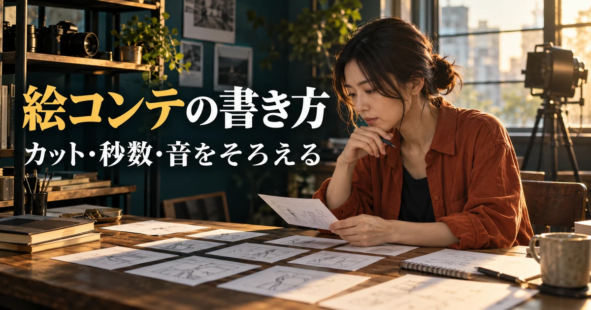 絵コンテの書き方（カット・秒数・音をそろえる）の説明用生成画像