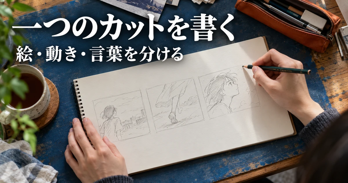 一つのカットを書く（絵・動き・言葉を分ける）の説明用生成画像