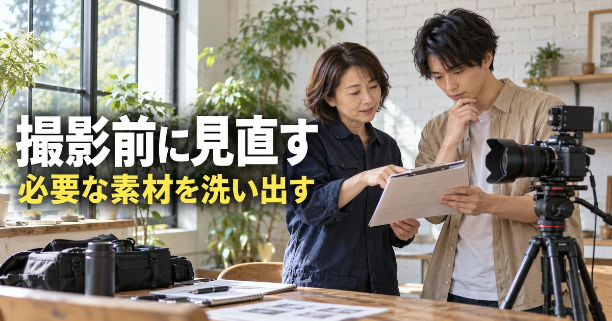 撮影前に見直す（必要な素材を洗い出す）の説明用生成画像