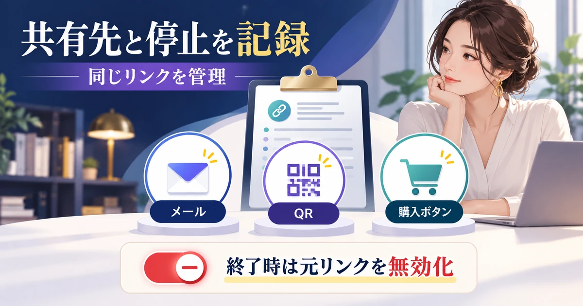 メール、QR、購入ボタンの共有先を記録し、終了時に元リンクを無効化する図