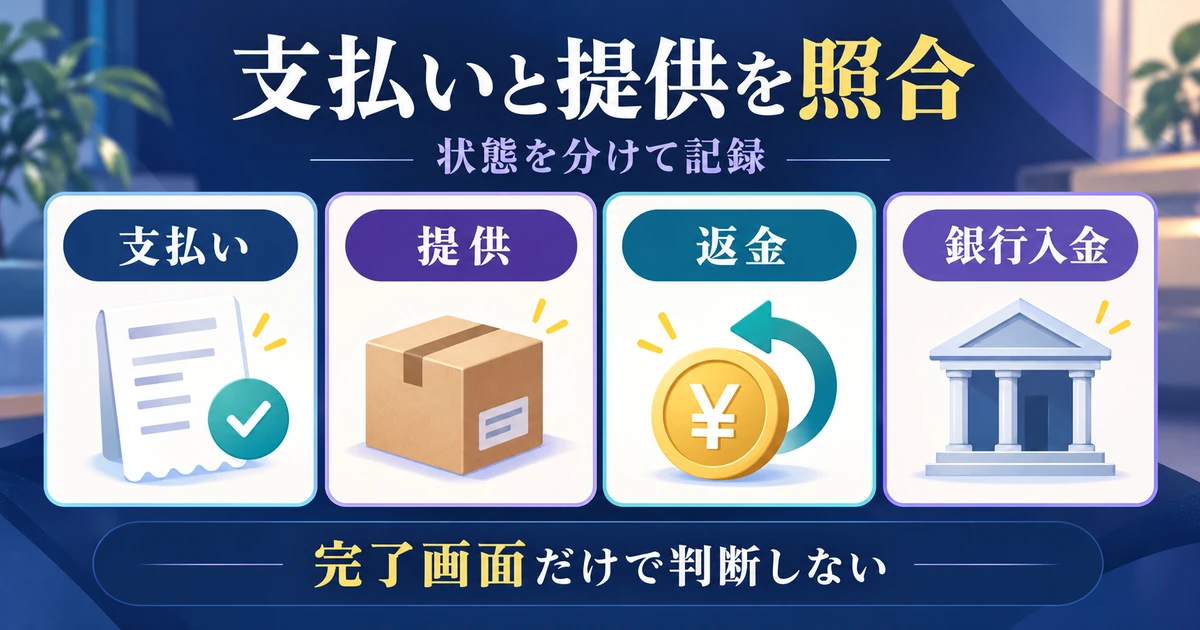 支払い、提供、返金、銀行入金を別々の状態で照合する図