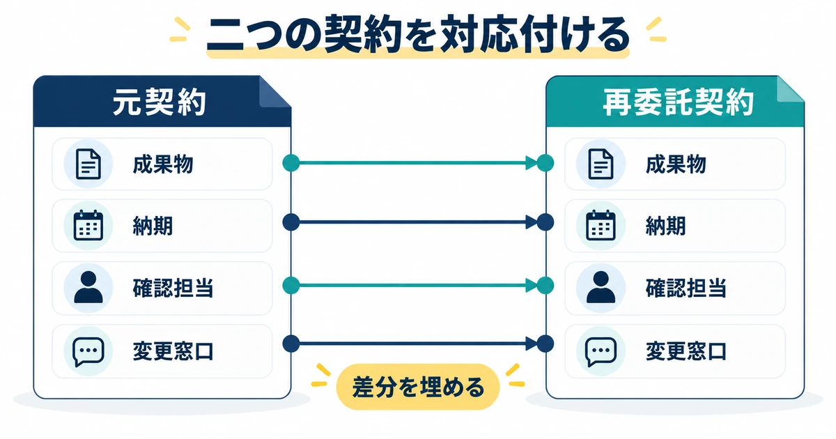 元契約と再委託契約の成果物、納期、確認担当、変更窓口を対応付ける