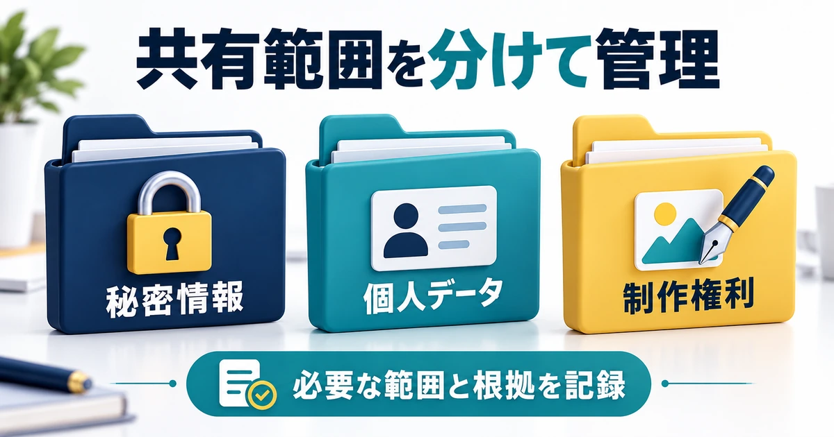秘密情報、個人データ、制作権利を分けて共有の範囲と根拠を記録する