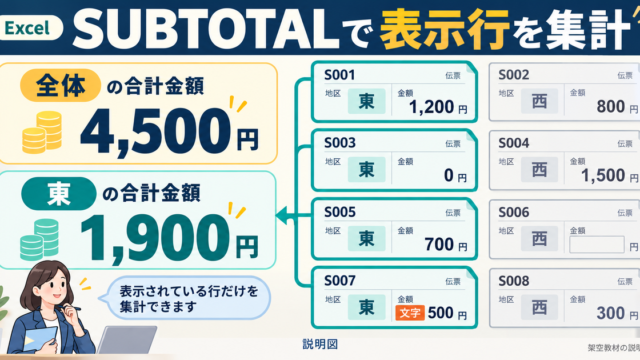 同じ8件の一覧から全体4500円と東地区1900円を分けて確認するSUBTOTALの説明図