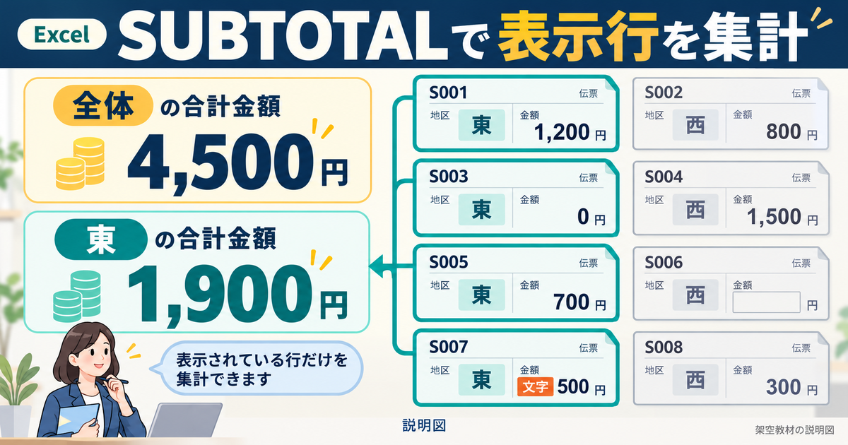 同じ8件の一覧から全体4500円と東地区1900円を分けて確認するSUBTOTALの説明図
