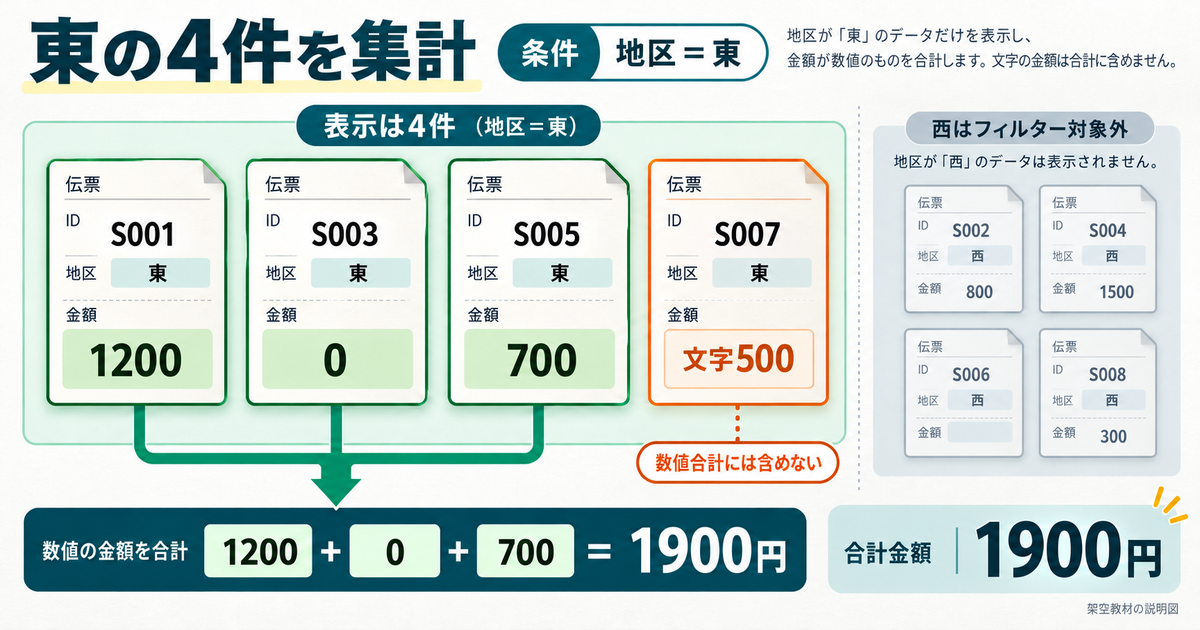 東地区の4件から数値1200円と0円と700円を合計し1900円となる図