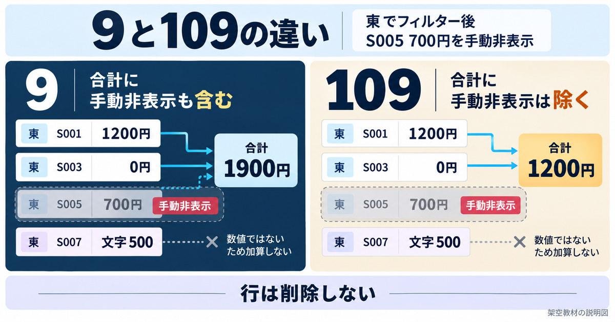東地区のS005を手動非表示にしたとき9は1900円、109は1200円となる比較図