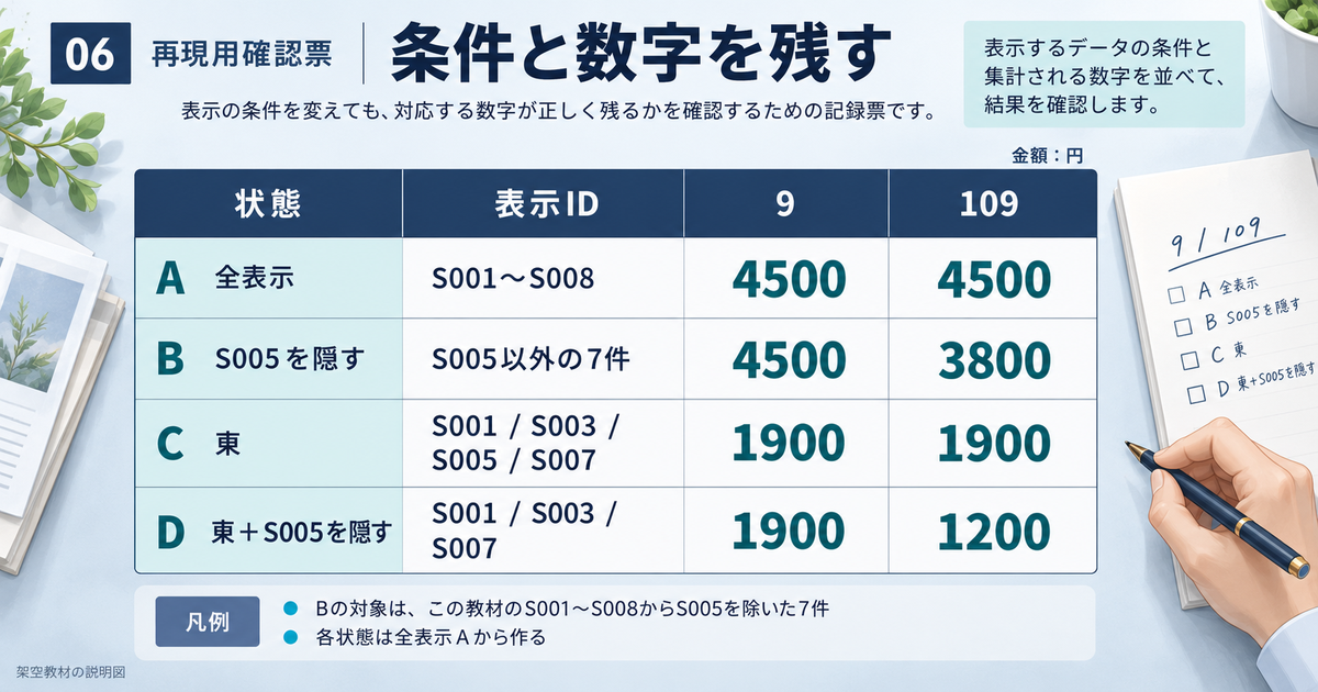 全表示と手動非表示と東地区フィルターを組み合わせた四状態の合計確認票