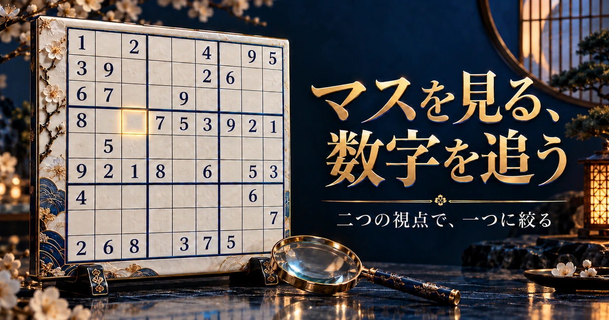 一マスの候補と一数字の置き場所を切り替える数独の解説イメージ