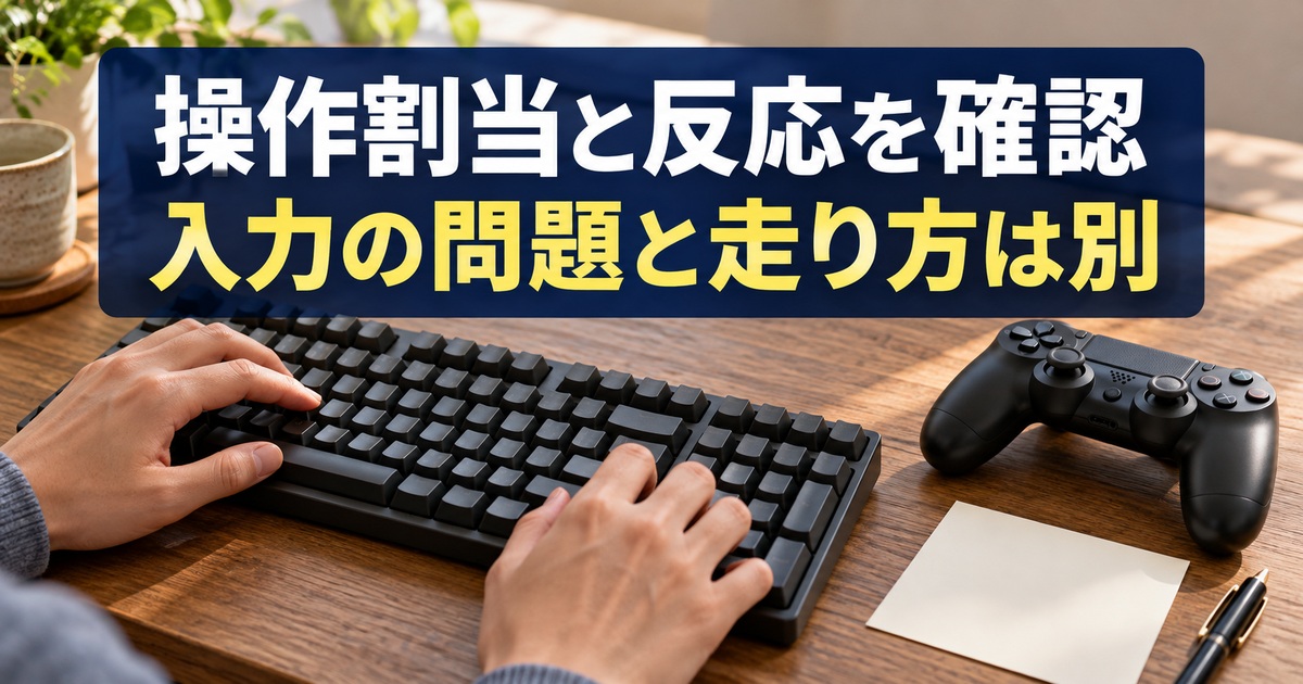 キーボードとコントローラーの入力を確認する写真調の概念イメージ。「操作割当と反応を確認/入力の問題と走り方は別」の説明文字付き