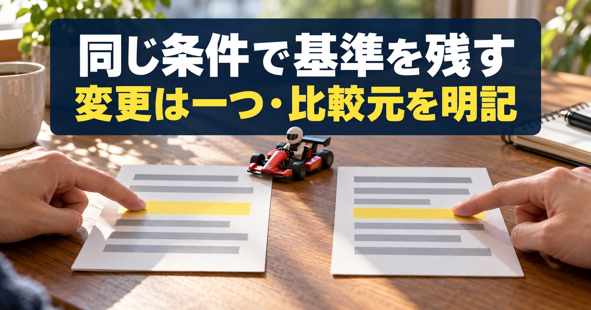 同じ条件の基準と変更点を分ける写真調の概念イメージ。「同じ条件で基準を残す/変更は一つ・比較元を明記」の説明文字付き