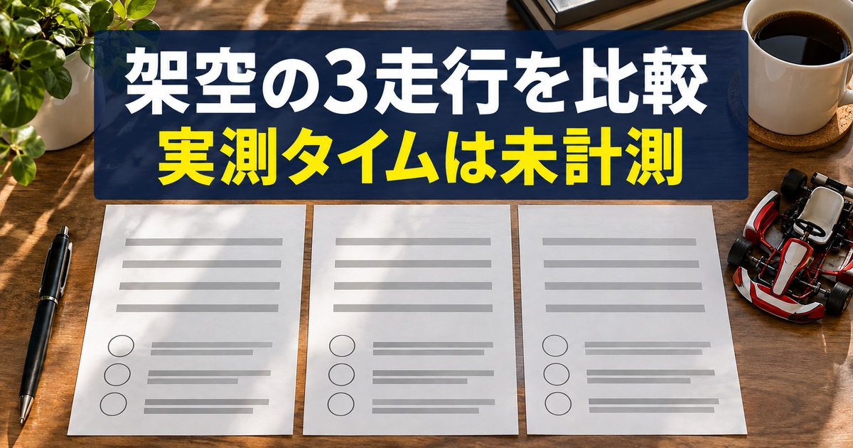 三走行の架空記録を横に並べる写真調の概念イメージ。「架空の3走行を比較/実測タイムは未計測」の説明文字付き