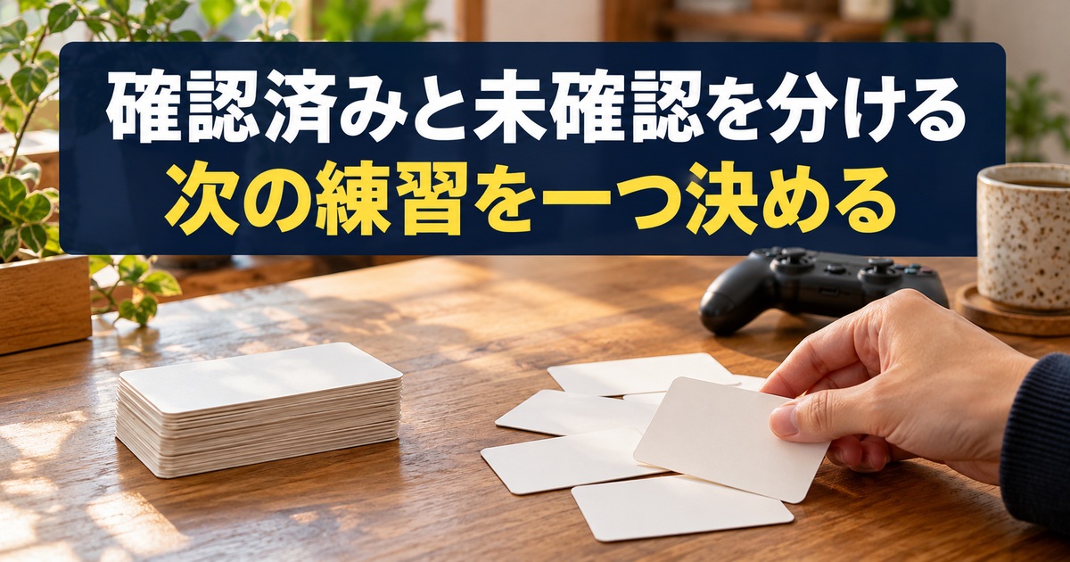 確認済みと未確認のメモを分け次回を選ぶ写真調の概念イメージ。「確認済みと未確認を分ける/次の練習を一つ決める」の説明文字付き