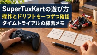 コントローラーと三枚のメモで練習を整理する写真調の概念イメージ。「SuperTuxKartの遊び方／操作とドリフトを一つずつ確認／タイムトライアルの練習メモ」の説明文字付き