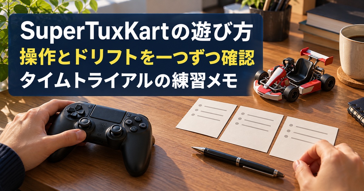 コントローラーと三枚のメモで練習を整理する写真調の概念イメージ。「SuperTuxKartの遊び方／操作とドリフトを一つずつ確認／タイムトライアルの練習メモ」の説明文字付き