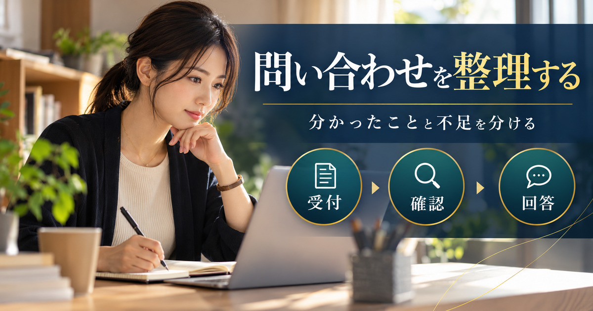 問い合わせを整理する。分かったことと不足を分ける。受付・確認・回答の確認ポイント。