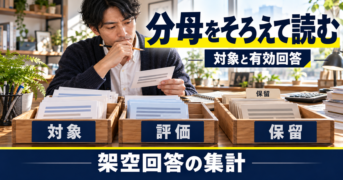 分母をそろえて読む:対象と有効回答を考える架空の調査設計の場面