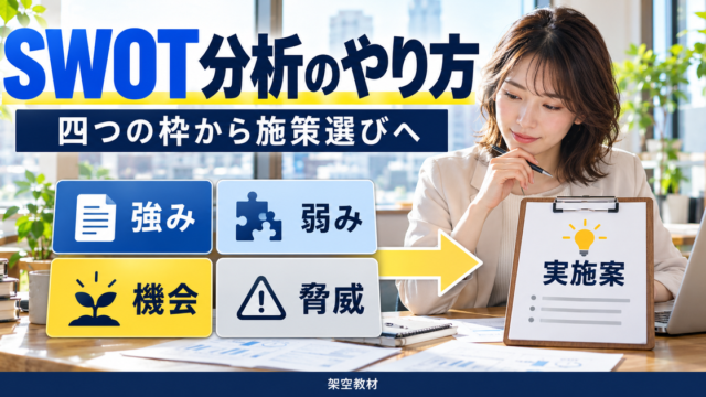 架空の一人EC販促支援室で強み・弱み・機会・脅威から実施案を考えるSWOT分析の教材図