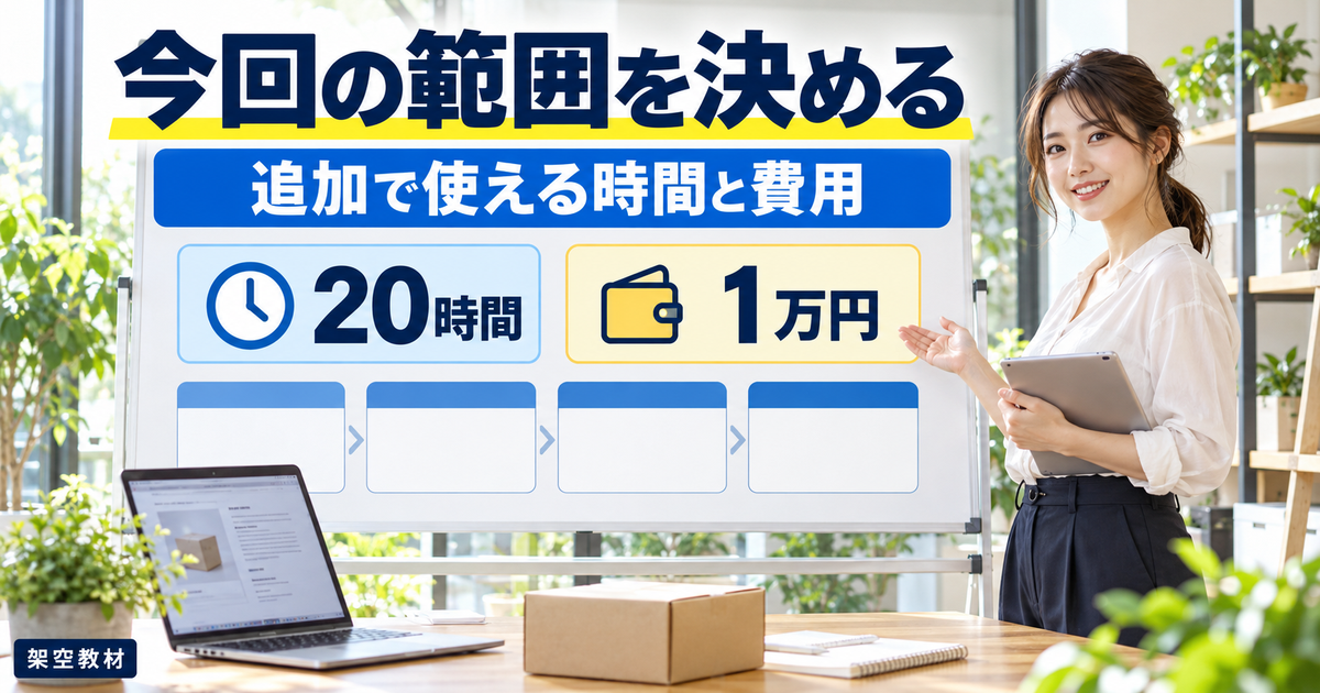 架空教材の追加改善枠として20時間と1万円を確保し、4週間で動かせる範囲を定める図