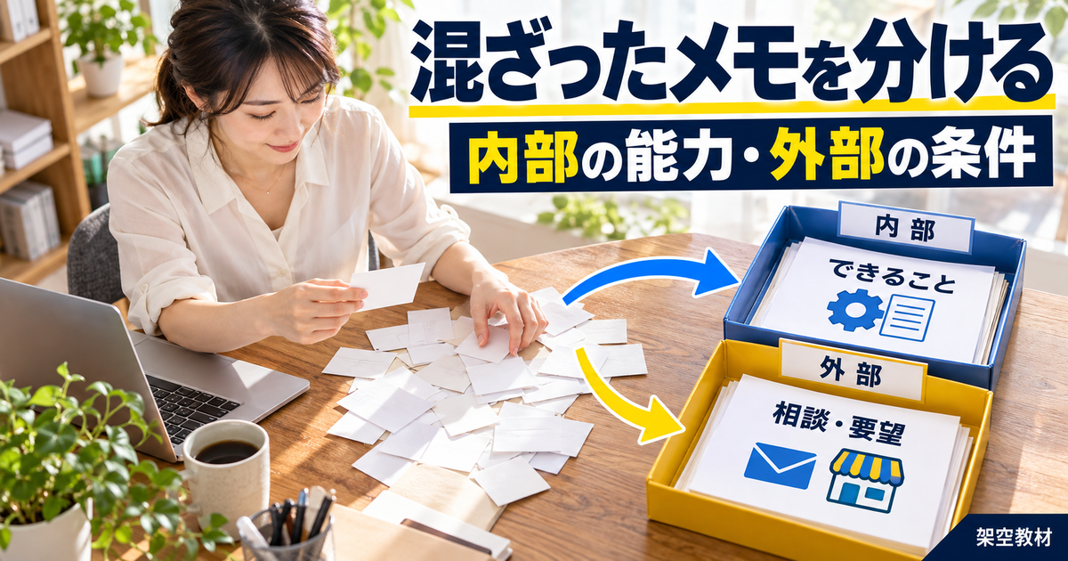 内部のできることと外部からの相談・要望を別々の箱に分類する教材図