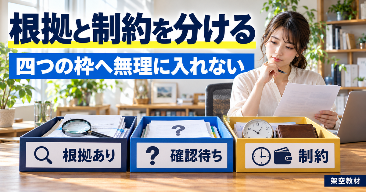 根拠あり、確認待ち、制約の三つに情報を分ける教材図
