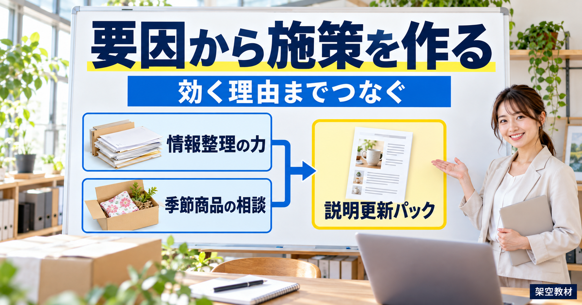 情報整理の力と季節商品の相談を組み合わせ、説明更新パックを施策候補にする教材図