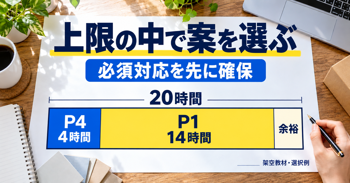 20時間の上限内で必須のP4に4時間、P1に14時間を配分して余裕を残す選択例