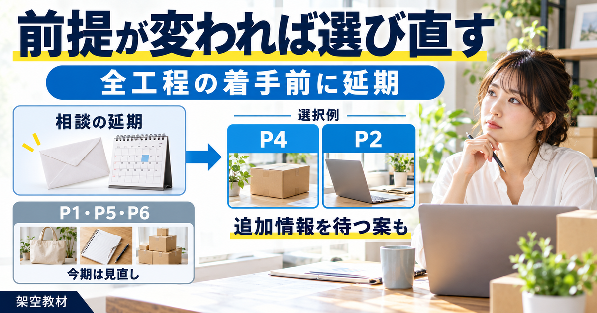 全工程の着手前に相談が延期され、P1・P5・P6の今期優先度を見直し、P4とP2または追加情報待ちを検討する教材図