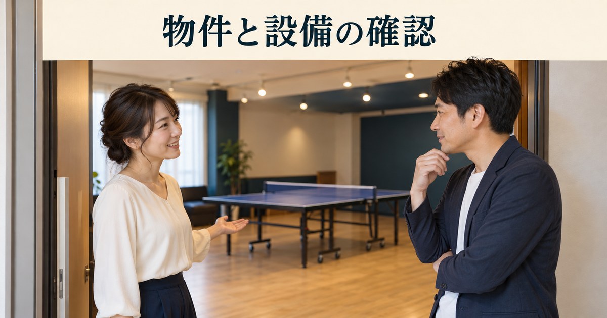 店主が屋内施設で物件と設備について相談するイメージ