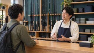 釣具店の店主が成人客と商品選びについて相談する様子