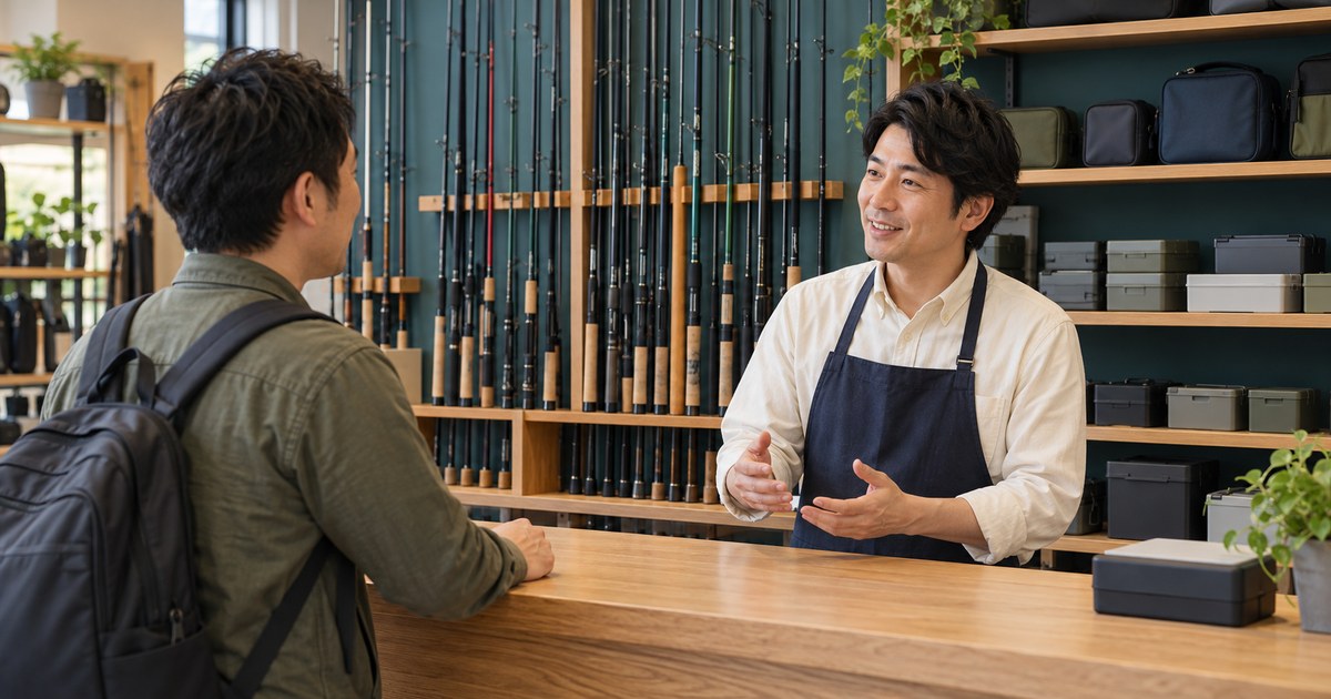 釣具店の店主が成人客と商品選びについて相談する様子