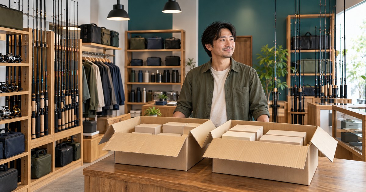 仕入れた釣具の箱と納品の内容を店主が確認する様子