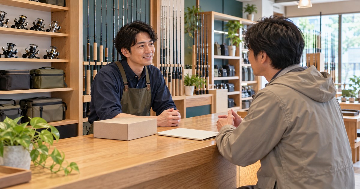 購入後の問い合わせを店主が成人客から聞く様子