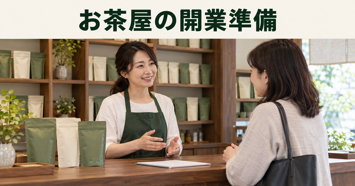 包装済み茶葉を扱う店主と成人客が開業の相談をするイメージ