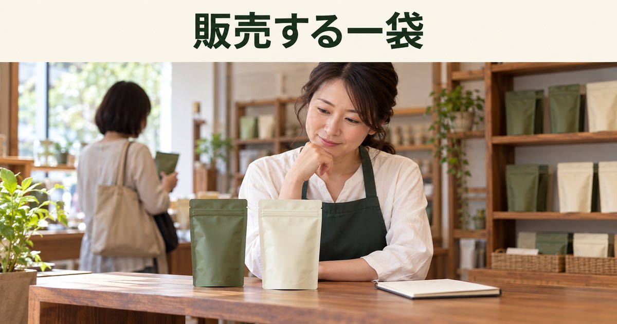 店主が包装済み茶葉の品ぞろえを考えるイメージ